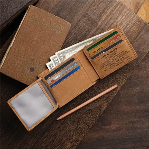 Minimalist Brown Leather RFID Protected Bi-Fold Wallet for Men, Husbands - Picture 4 of 7